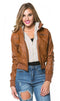 Plus Size Sweater Insert Leather Bomber Jacket in Tan